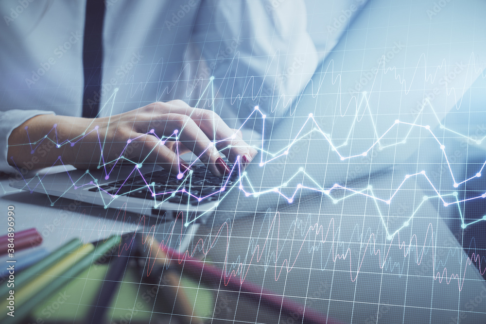 Double exposure of woman hands typing on computer and financial graph hologram drawing. Stock market analysis concept. Double exposure of woman hands typing on computer and financial graph hologram drawing. Stock market analysis concept.