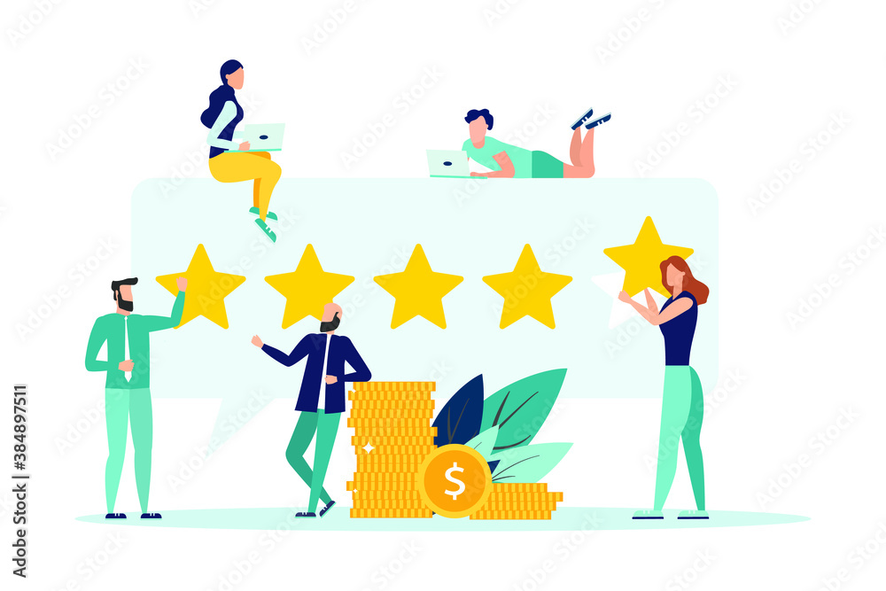 Rating of customer reviews. Positive online review, evaluation of a product or service. People give a five-star rating. Flat vector illustration Rating of customer reviews. Positive online review, evaluation of a product or service. People give a five-star rating. Flat vector illustration