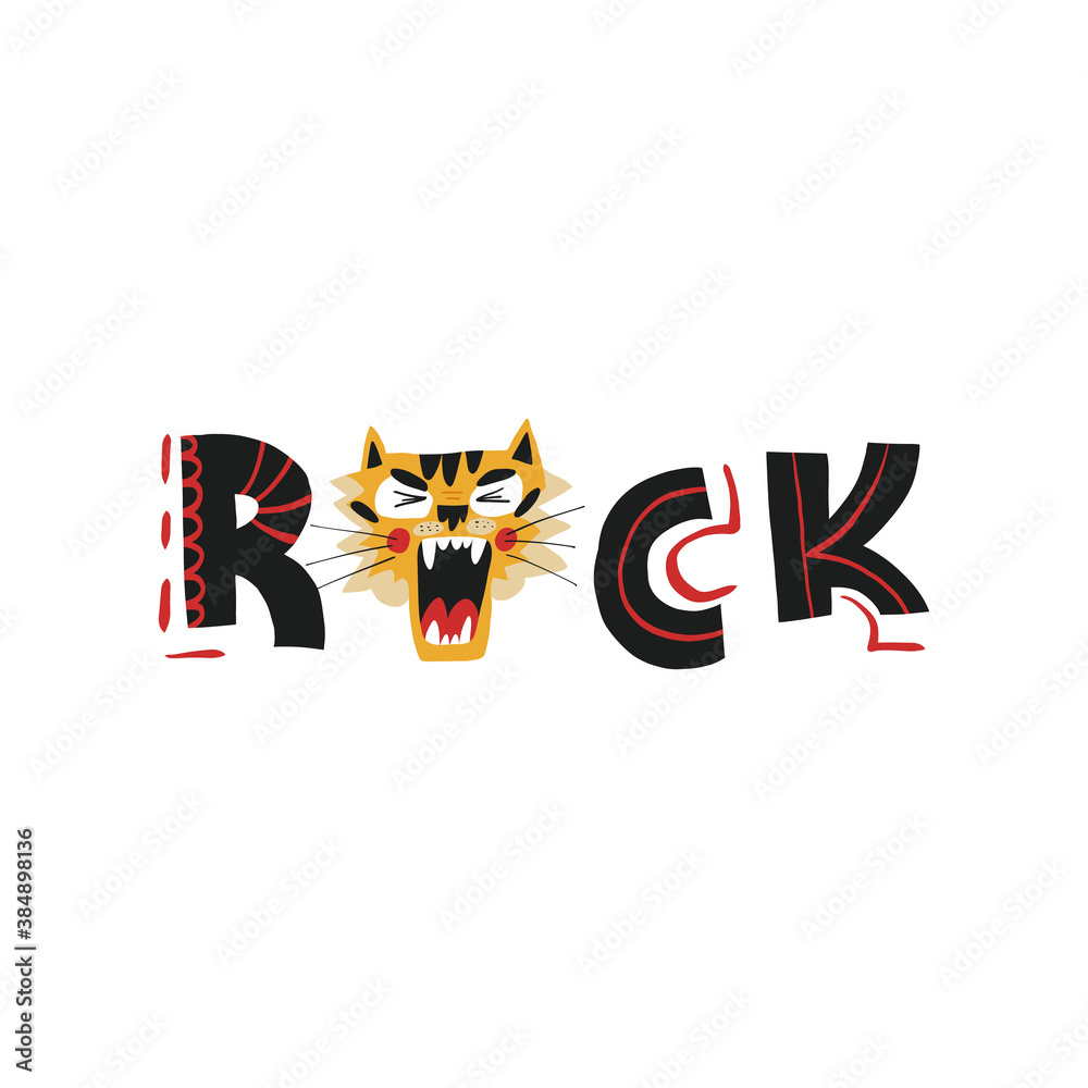 Cute hand lettering Rock with roaring tiger muzzle. Vector isolated illustration for t-shirt print and other design.