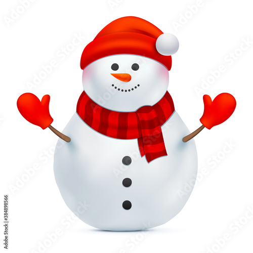 Smiling snowman vector illustration. Santa Claus with red hat and gloves isolated on a white background. Christmas, Happy New Year, or winter holiday design decoration. Funny Xmas character.