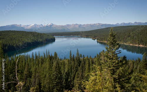 Holland Lake and Falls trail in Flathead National Forest, Montana. USA. Back to Nature concept. photo