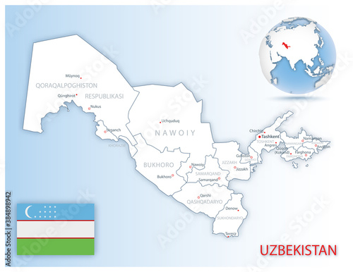 Detailed Uzbekistan administrative map with country flag and location on a blue globe.