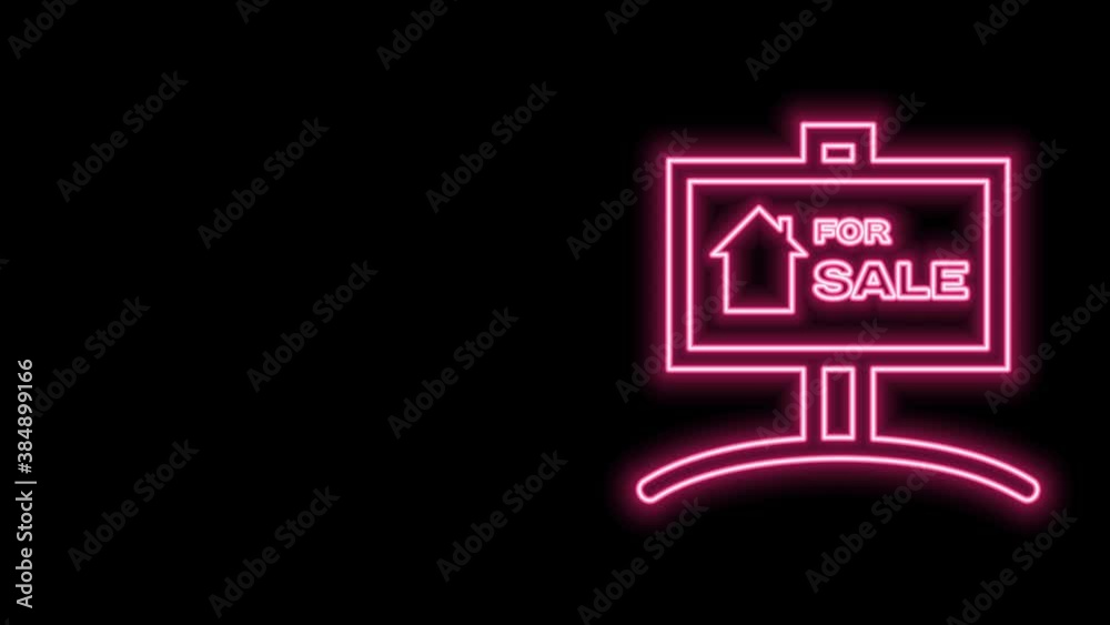 Glowing neon line Hanging sign with text For Sale icon isolated on black background. Signboard with text For Sale. 4K Video motion graphic animation Glowing neon line Hanging sign with text For Sale icon isolated on black background. Signboard with text For Sale. 4K Video motion graphic animation