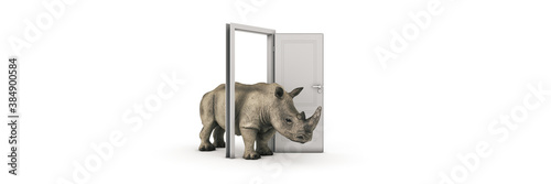 The great rhino enters through the open door. 3d rendering
