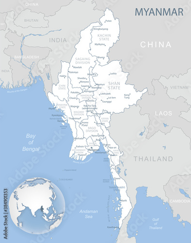 Blue-gray detailed map of Myanmar administrative divisions and location on the globe. Vector illustration