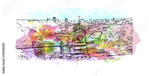 Building view with landmark of Bhagalpur is a city of historical importance on the southern banks of the river Ganges. Watercolor splash with hand drawn sketch illustration in vector.