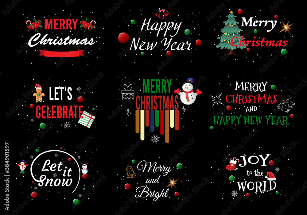 Set of Merry Christmas & Happy New Year typographic design for elements, labels, symbols, icons, objects, covers, invitations, posters, banners, flyers and placards. 
 Vector illustration EPS 10.