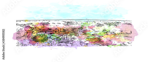 Building view with landmark of Bhagalpur is a city of historical importance on the southern banks of the river Ganges. Watercolor splash with hand drawn sketch illustration in vector.