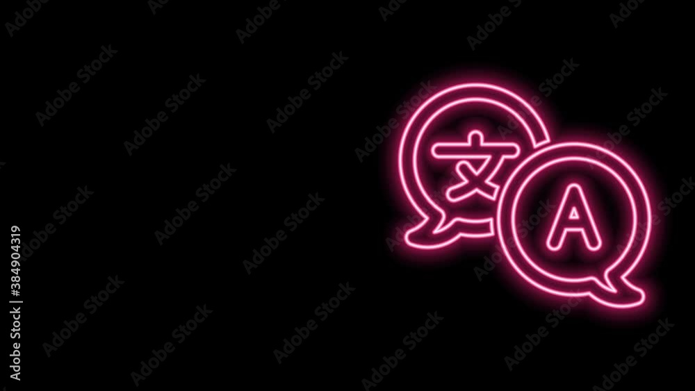 Glowing neon line Translator icon isolated on black background. Foreign language conversation icons in chat speech bubble. Translating concept. 4K Video motion graphic animation Glowing neon line Translator icon isolated on black background. Foreign language conversation icons in chat speech bubble. Translating concept. 4K Video motion graphic animation