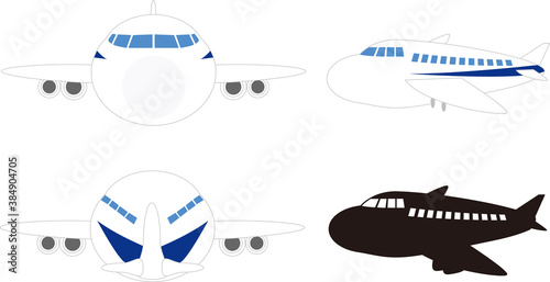 正面・横、後ろ、シルエットの可愛い飛行機のイラストセット