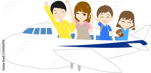 飛行機に乗って旅に行く可愛い家族のイラスト