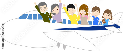 飛行機に乗って旅行にいく可愛い3世代家族のイラスト