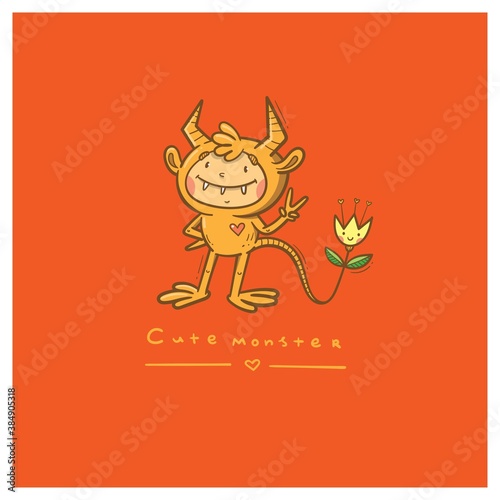 Doodle card with cute cartoon monster. Fabulous fictional character. Halloween poster. Vector contour colorful image.