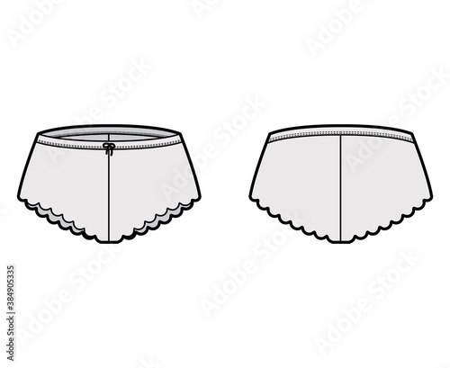 French knickers technical fashion illustration with scalloped edge, elastic waistband. Flat Mini-short panties briefs lingerie template front, back, grey color. Women men unisex underwear CAD mockup