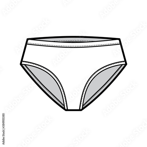 High-cut briefs technical fashion illustration with mid hips coverage and waist rise. Flat Mini-short panties bikini lingerie template front, white color. Women men unisex underwear CAD mockup