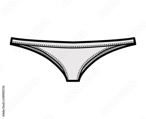 Tangas technical fashion illustration with elastic waistband, low rise, medium hips coverage. Flat Mini briefs knickers lingerie template front, grey color. Women men unisex underwear CAD mockup