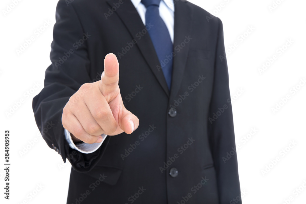 A man in a black formal suit and tie stretches out his index finger to make a click gesture in front of the camera A man in a black formal suit and tie stretches out his index finger to make a click gesture in front of the camera