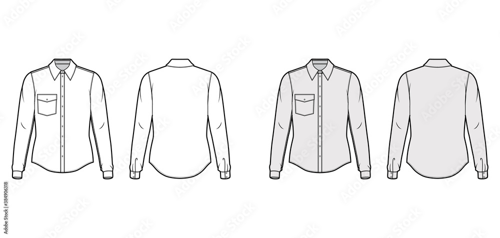 Classic shirt technical fashion illustration with long sleeves with cuff, front button-fastening, point collar, angled flap pocket. Flat template front back white grey color. Women men top CAD mockup Classic shirt technical fashion illustration with long sleeves with cuff, front button-fastening, point collar, angled flap pocket. Flat template front back white grey color. Women men top CAD mockup