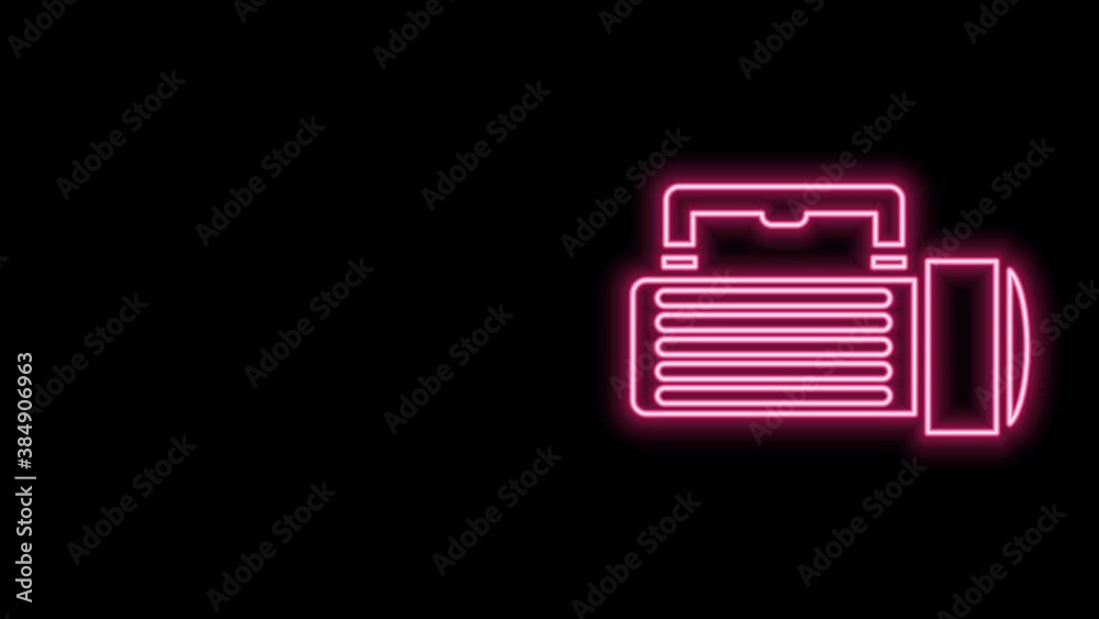Glowing neon line Flashlight icon isolated on black background. Tourist flashlight handle. 4K Video motion graphic animation Glowing neon line Flashlight icon isolated on black background. Tourist flashlight handle. 4K Video motion graphic animation