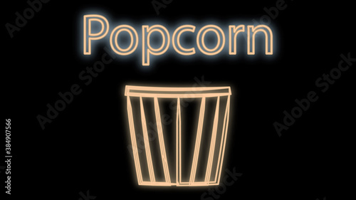 sweet popcorn in a glass, vector illustration. white neon sign with white lettering. decor of the restaurant and cafe. movie theater snack, neon sign