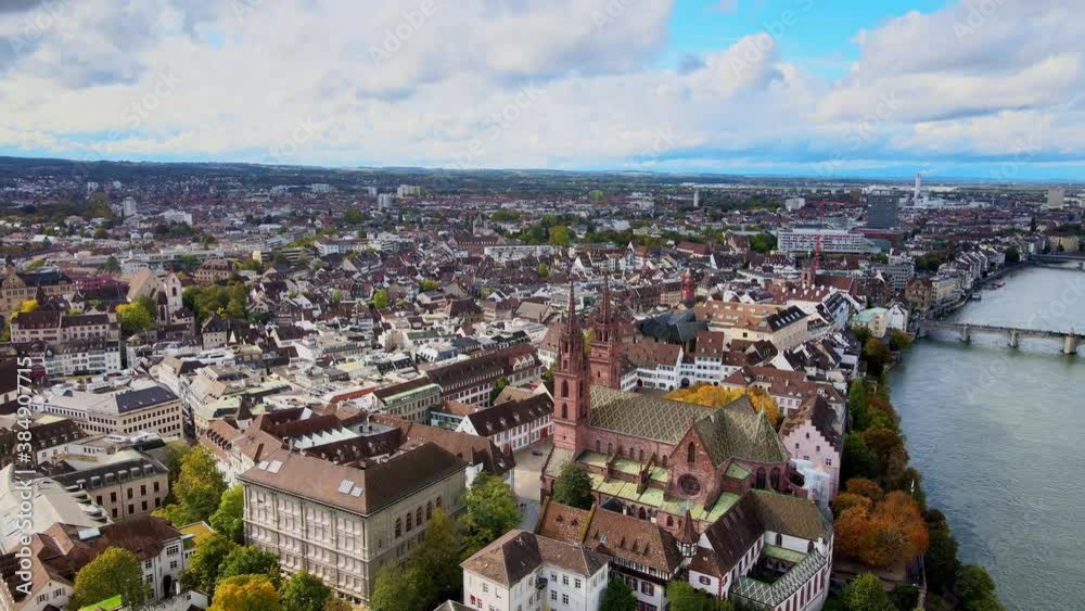 Aerial view over the city of Basel Switzerland and River Rhine - drone footage Aerial view over the city of Basel Switzerland and River Rhine - drone footage