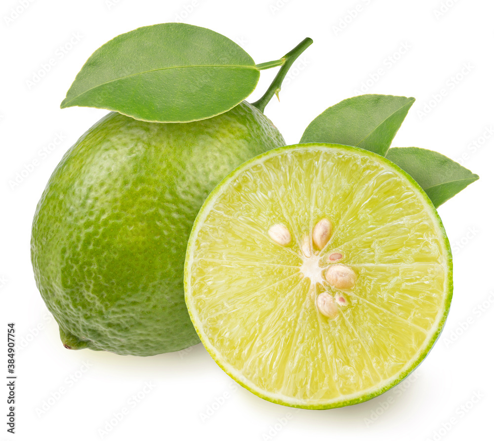 Citrus Lime with green leaf isolated on white background, Fresh lime and slice on white With clipping path