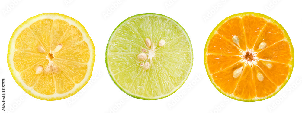 Obraz premium Slice of Lemon, Orange and Lime Isolated on white background With clipping path, Macro food collection 