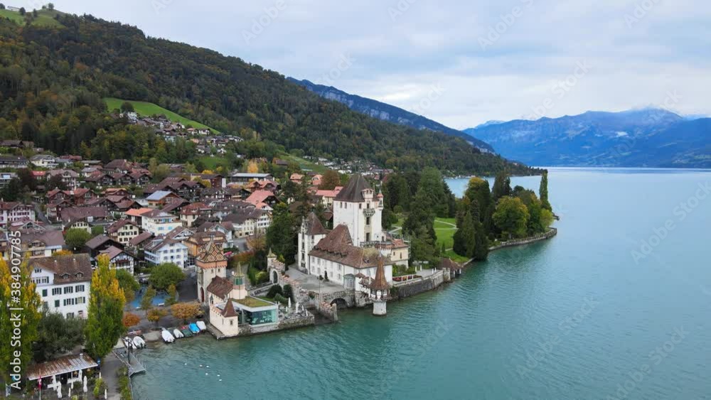 Famous Castle Oberhofen at Lake Thun in Switzerland - drone footage Famous Castle Oberhofen at Lake Thun in Switzerland - drone footage