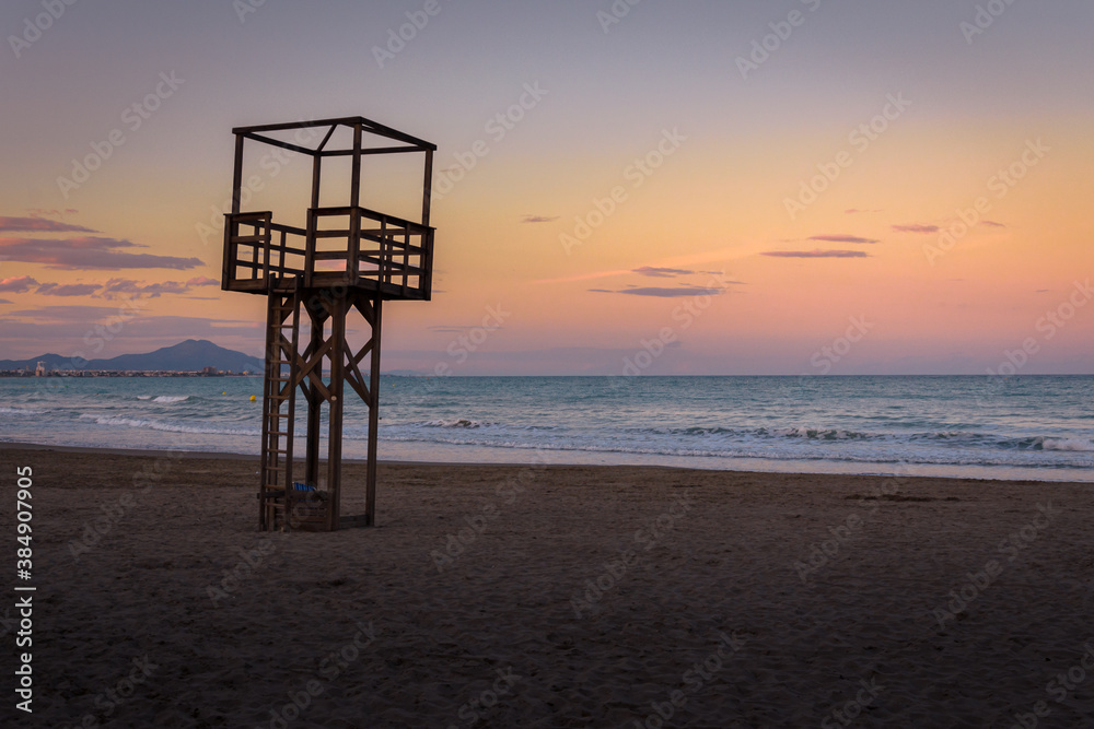 Watchtower on the beach at sunrise, Peníscola, Castellon, Spain