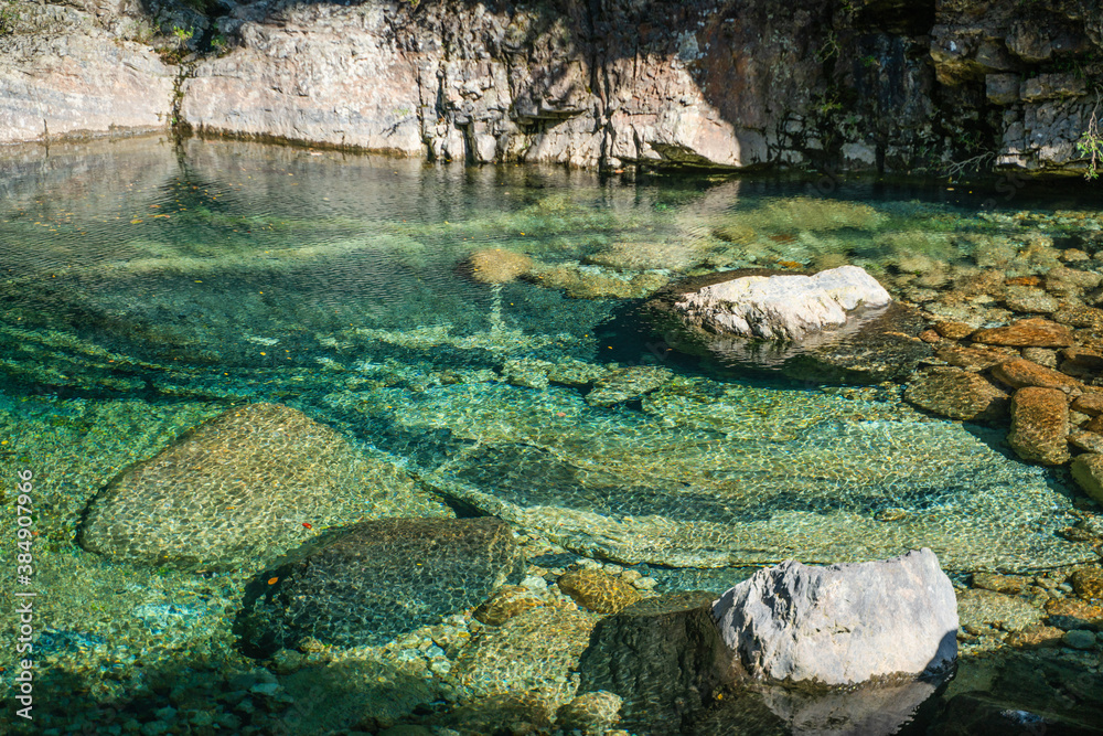 The turquoise color water creek and waterfalls in Emerald Valley, in Anhui province, China.
