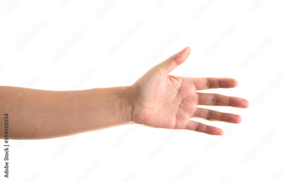 In front of a white background, one hand with five fingers stretched out and facing the camera