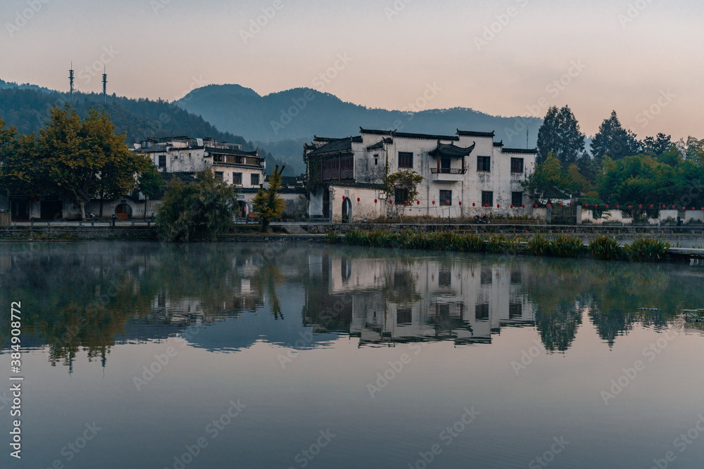 Sunrise view of the streets and architectures in Xidi village, an ancient Chinese village in Anhui Province, China, a UNESCO world cultural heritage site.