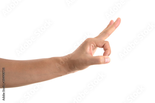 A hand making a snap gesture in front of a white background
