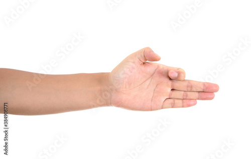A hand making a curved index finger gesture in front of a white background