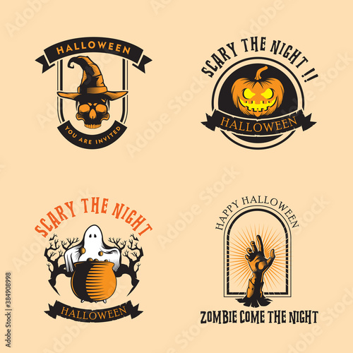 Halloween logo design inspiration, vector collection of halloween stickers. Halloween, pumpkin, skull, cauldron, zombie hand, ghost.