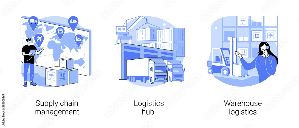 Goods transportation and storage abstract concept vector illustration set. Supply chain management, logistics hub, warehouse logistics, sorting and shipping, package delivery abstract metaphor.