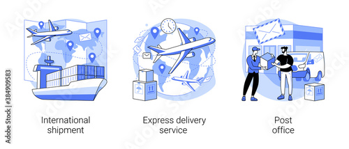 Package delivery abstract concept vector illustration set. International shipment, express delivery service, post office, parcel tracking, e-commerce online order, courier service abstract metaphor. © Visual Generation