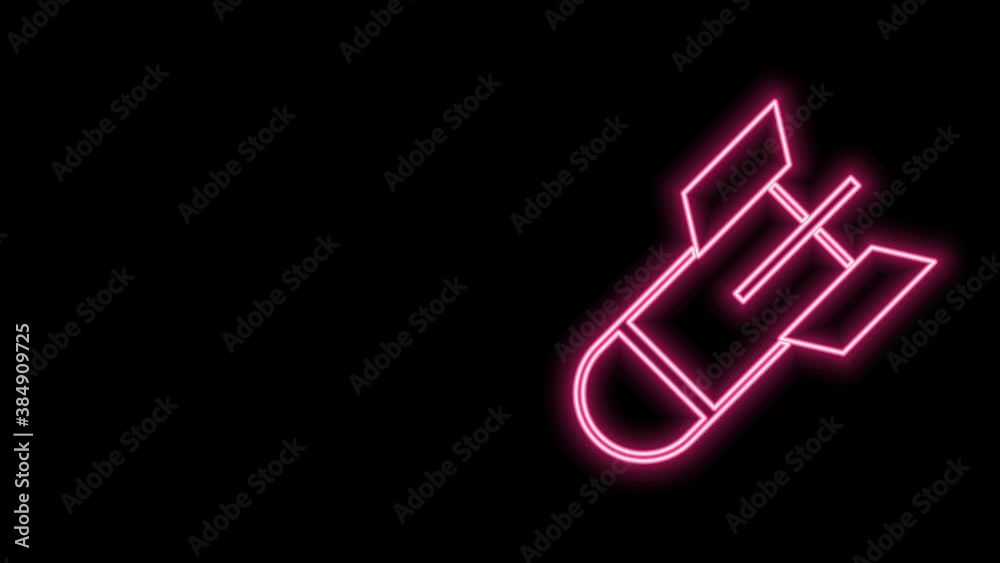 Glowing neon line Aviation bomb icon isolated on black background. Rocket bomb flies down. 4K Video motion graphic animation Glowing neon line Aviation bomb icon isolated on black background. Rocket bomb flies down. 4K Video motion graphic animation