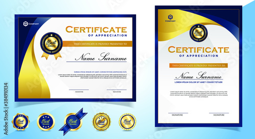 Certificate of appreciation template, gold and blue color. Clean modern certificate with gold badge. Certificate border template with luxury and modern line pattern. Diploma vector template