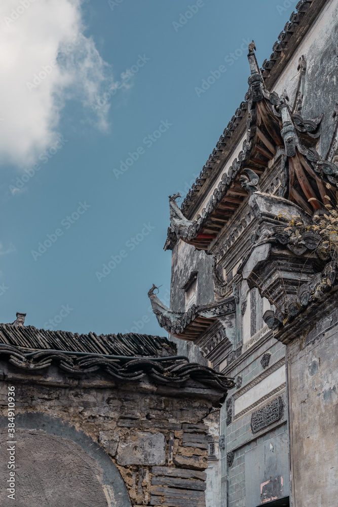 Detail view of architectures in Xidi village, an ancient Chinese village in Anhui Province, China, a UNESCO world cultural heritage site.