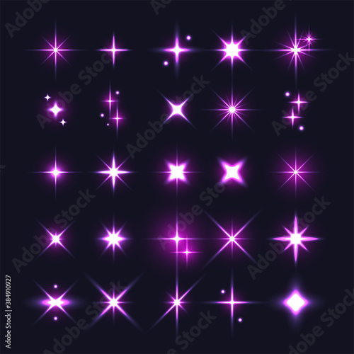 Set of purple sparkles icons. Collection of star shine symbol design on dark blue background. Magic particle effect icon. Star shine elements. Vector illustration.
