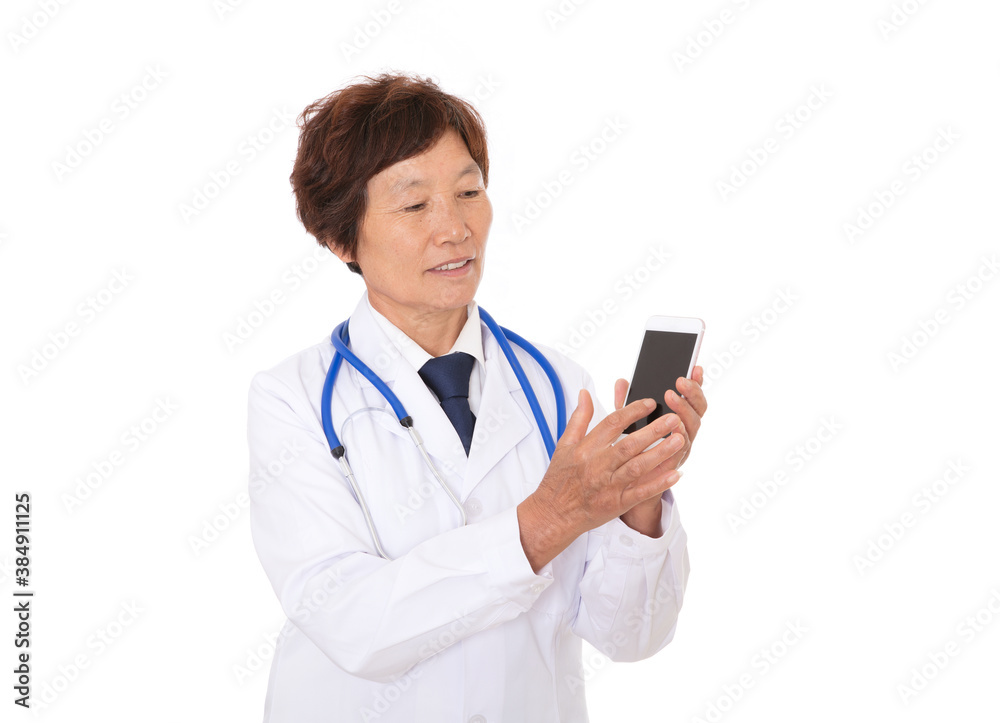 Chinese doctors in white coats holding mobile phones showing medical-related information Chinese doctors in white coats holding mobile phones showing medical-related information