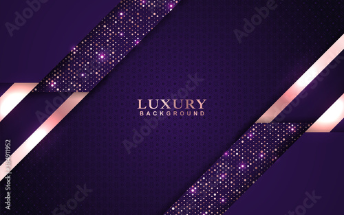 Luxury background design purple and golden element decoration. Elegant paper art shape vector layout template for use cover magazine, poster, flyer, invitation, product packaging, web banner, card