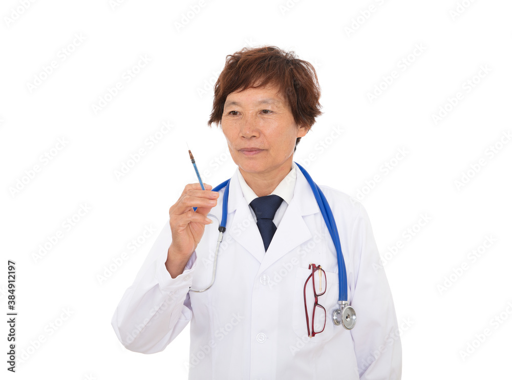Chinese doctor in white lab coat holding needle in hand in front of white background Chinese doctor in white lab coat holding needle in hand in front of white background