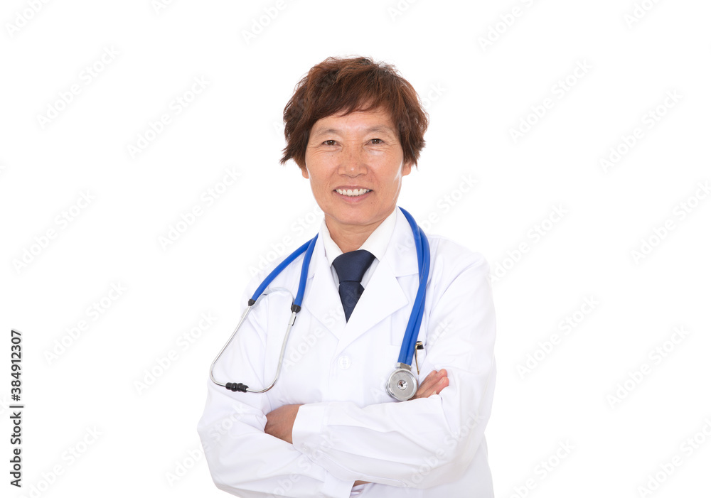 Female hospital doctor looking at camera with cross-handed smile in front of white background Female hospital doctor looking at camera with cross-handed smile in front of white background