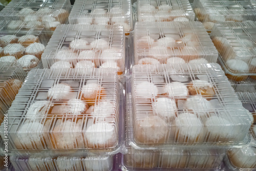 Packed festive sweet donuts  on market place
