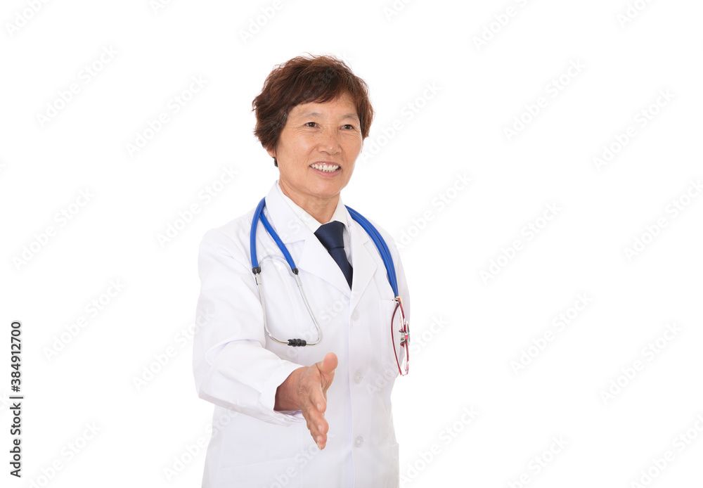 Female doctor in white coat stretched out her hand to prepare for handshake Female doctor in white coat stretched out her hand to prepare for handshake