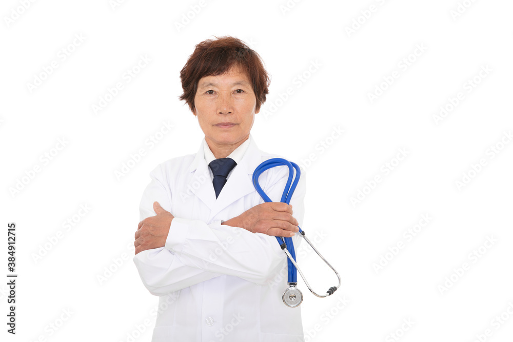 Female doctor with stethoscope in hand standing in front of white background Female doctor with stethoscope in hand standing in front of white background