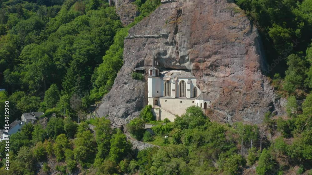 Felsenkirche rock church landmark of Idar - Oberstein in Rheinland - Pfalz, rhineland-palatinate aerial, drone panorama to medium influx shot Felsenkirche rock church landmark of Idar - Oberstein in Rheinland - Pfalz, rhineland-palatinate aerial, drone panorama to medium influx shot