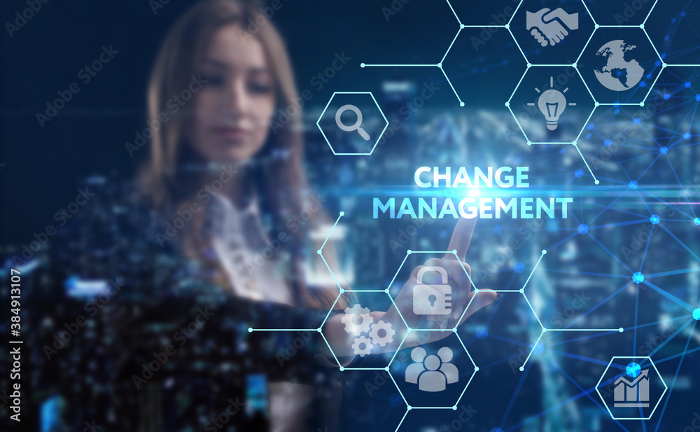 Business, technology, internet and network concept. Young businessman thinks over the steps for successful growth: Change management Business, technology, internet and network concept. Young businessman thinks over the steps for successful growth: Change management